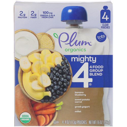 Plum Organics, Tots, Mighty 4, 4 Food Group Blend, Banana Blueberry, Sweet Potato Carrot, Greek Yogurt, Millet, 4 Pack, 4 oz (113 g) Each Review