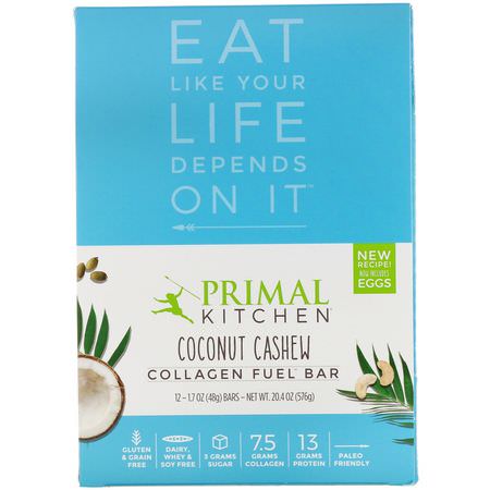 Växtbaserade Proteinbarer, Proteinbarer, Brownies, Kakor: Primal Kitchen, Collagen Fuel Bar, Coconut Cashew, 12 Bars, 1.7 oz (48 g) Each