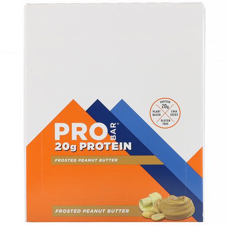 Växtbaserade Proteinbarer, Proteinbarer, Brownies, Kakor: ProBar, ProBar, Protein Bar, Frosted Peanut Butter, 12 Bars, 2.47 oz (170 g) Each