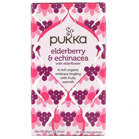 Örtte, Medicinska Teer: Pukka Herbs, Elderberry & Echinacea, 3 Pack, 20 Fruit Tea Sachets Each