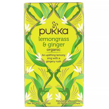 Örtte, Ingefära Te: Pukka Herbs, Organic Lemongrass & Ginger, Caffeine-Free, 3 Pack, 20 Herbal Tea Sachets Each