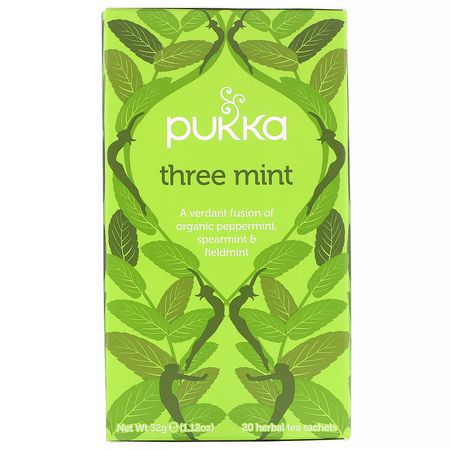 Örtte: Pukka Herbs, Three Mint, Caffeine Free, 3 Pack, 20 Herbal Tea Sachets Each