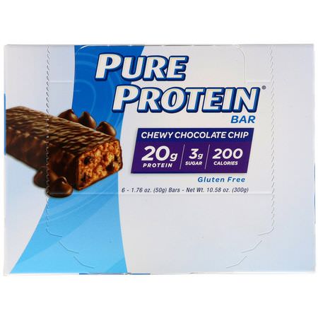 Mjölkproteinbarer, Vassleproteinbarer, Proteinbarer, Brownies: Pure Protein, Chew Chocolate Chip Bar, 6 Bars, 1.76 oz (50 g) Each