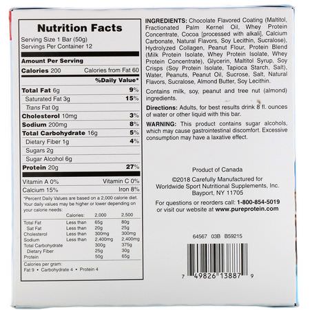 Mjölkproteinbarer, Vassleproteinbarer, Proteinbarer, Brownies: Pure Protein, Chocolate Peanut Butter Bar, 12 Bars, 1.76 oz (50 g) Each