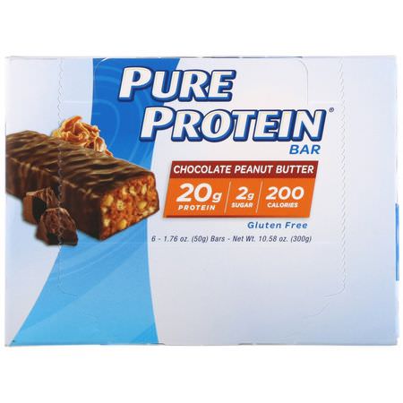 Mjölkproteinbarer, Vassleproteinbarer, Proteinbarer, Brownies: Pure Protein, Chocolate Peanut Butter Bar, 6 Bars, 1.76 oz (50 g) Each
