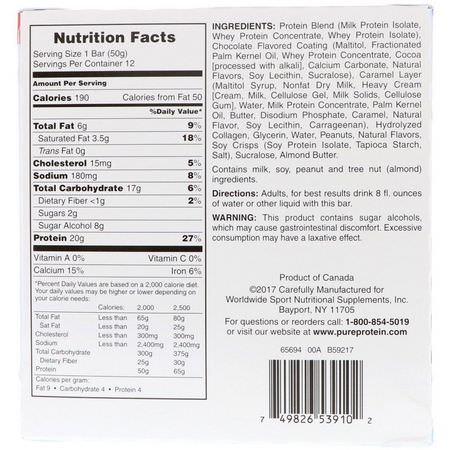 Mjölkproteinbarer, Vassleproteinbarer, Proteinbarer, Brownies: Pure Protein, Chocolate Peanut Caramel Bar, 12 Bars, 1.76 oz (50 g) Each