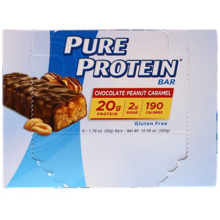 Mjölkproteinbarer, Vassleproteinbarer, Proteinbarer, Brownies: Pure Protein, Chocolate Peanut Caramel Bars, 6 Bars, 1.76 oz (50 g) Each