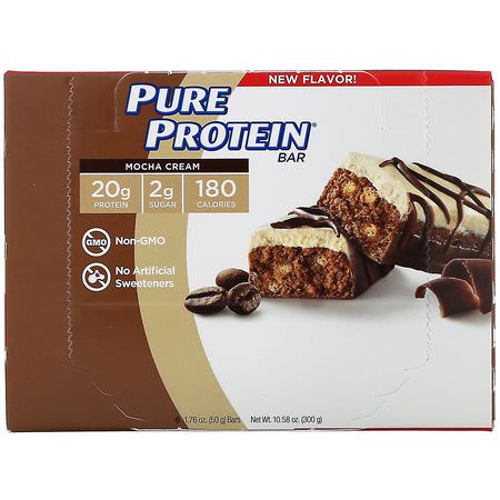 Mjölkproteinbarer, Vassleproteinbarer, Proteinbarer, Brownies: Pure Protein, Mocha Cream Bar, 6 Bars, 1.76 oz (50 g) Each