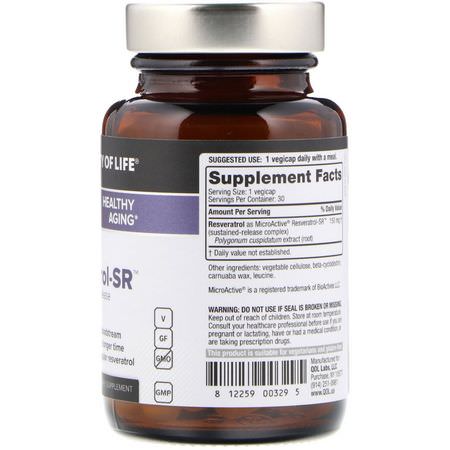 Resveratrol, Antioxidanter, Kosttillskott: Quality of Life Labs, Resveratrol-SR, 150 mg, 30 Vegicaps