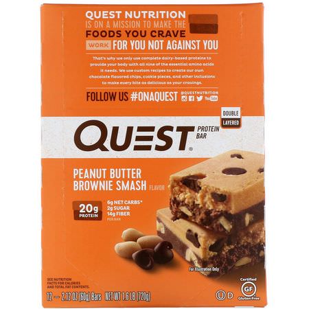 Vassleproteinstänger, Mjölkproteinstänger, Proteinstänger, Brownies: Quest Nutrition, Double Layered Protein Bar, Peanut Butter Brownie Smash, 12 Bars, 2.12 oz (60 g ) Each