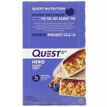 Mjölkproteinbarer, Vassleproteinbarer, Proteinbarer, Brownies: Quest Nutrition, Hero Protein Bar, Blueberry Cobbler, 10 Bars, 2.12 oz (60 g) Each