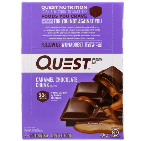 Mjölkproteinbarer, Vassleproteinbarer, Proteinbarer, Brownies: Quest Nutrition, Protein Bar, Caramel Chocolate Chunk, 12 Bars, 2.12 oz (60 g) Each