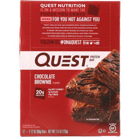 Vassleproteinstänger, Mjölkproteinstänger, Proteinstänger, Brownies: Quest Nutrition, Protein Bar, Chocolate Brownie, 12 Bars, 2.12 oz (60 g) Each