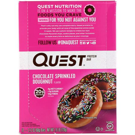 Vassleproteinstänger, Mjölkproteinbarer, Proteinbarer, Brownies: Quest Nutrition, Protein Bar, Chocolate Sprinkled Doughnut, 12 Bars, 2.12 oz (60 g) Each