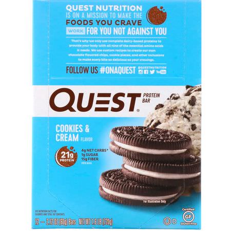 Vassleproteinstänger, Mjölkproteinbarer, Proteinbarer, Brownies: Quest Nutrition, Protein Bar, Cookies & Cream, 12 Bars, 2.12 oz (60 g) Each