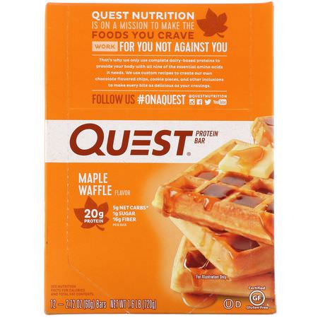 Vassleproteinstänger, Mjölkproteinbarer, Proteinstänger, Brownies: Quest Nutrition, Protein Bar, Maple Waffle, 12 Bars, 2.12 oz (60 g) Each