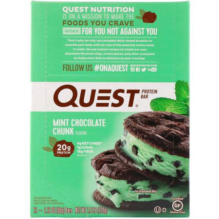 Vassleproteinstänger, Mjölkproteinbarer, Proteinstänger, Brownies: Quest Nutrition, Protein Bar, Mint Chocolate Chunk, 12 Bars, 2.12 oz (60 g) Each