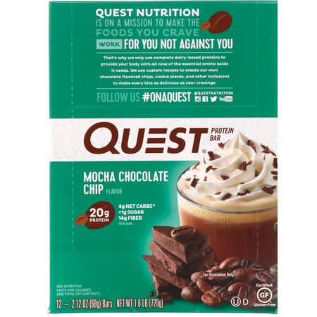 Vassleproteinstänger, Mjölkproteinbarer, Proteinstänger, Brownies: Quest Nutrition, Protein Bar, Mocha Chocolate Chip, 12 Bars, 2.12 oz (60 g) Each