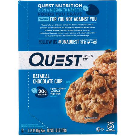 Vassleproteinstänger, Mjölkproteinbarer, Proteinstänger, Brownies: Quest Nutrition, Protein Bar, Oatmeal Chocolate Chip, 12 Bars, 2.12 oz (60 g) Each