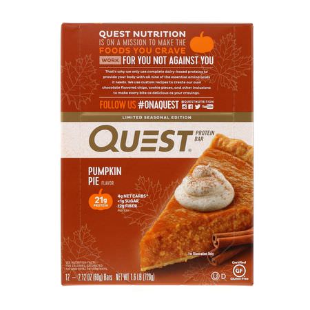 Vassleproteinstänger, Mjölkproteinbarer, Proteinstänger, Brownies: Quest Nutrition, Protein Bar, Pumpkin Pie, 12 Bars, 2.12 oz (60 g) Each