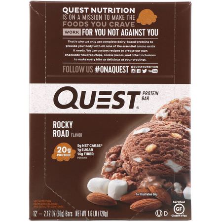 Vassleproteinstänger, Mjölkproteinbarer, Proteinstänger, Brownies: Quest Nutrition, Protein Bar, Rocky Road, 12 Bars, 2.12 oz (60 g) Each