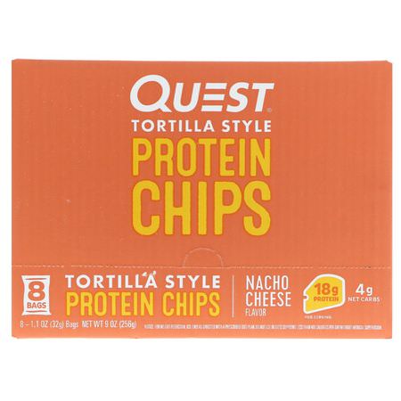 Snacks, Protein Snacks, Brownies, Cookies: Quest Nutrition, Tortilla Style Protein Chips, Nacho Cheese, 8 Bags, 1.1 oz (32 g ) Each