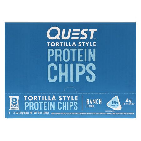 Snacks, Protein Snacks, Brownies, Cookies: Quest Nutrition, Tortilla Style Protein Chips, Ranch, 8 Bags, 1.1 oz (32 g ) Each