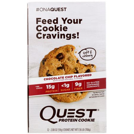Proteinkakor, Protein Snacks, Brownies, Cookies: Quest Nutrition, Protein Cookie, Chocolate Chip, 12 Pack, 2.08 oz (59 g) Each