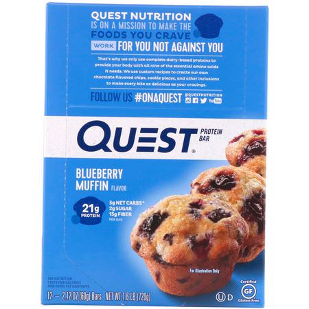 Vassleproteinstänger, Mjölkproteinstänger, Proteinstänger, Brownies: Quest Nutrition, Protein Bar, Blueberry Muffin, 12 Bars, 2.12 oz (60 g) Each