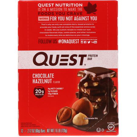 Vassleproteinstänger, Mjölkproteinbarer, Proteinstänger, Brownies: Quest Nutrition, Protein Bar, Chocolate Hazelnut, 12 Bars, 2.1 oz (60 g) Each