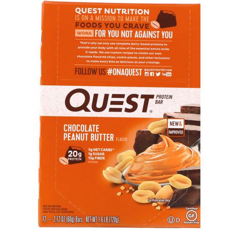 Vassleproteinstänger, Mjölkproteinbarer, Proteinstänger, Brownies: Quest Nutrition, Protein Bar, Chocolate Peanut Butter, 12 Bars, 2.12 oz (60 g) Each
