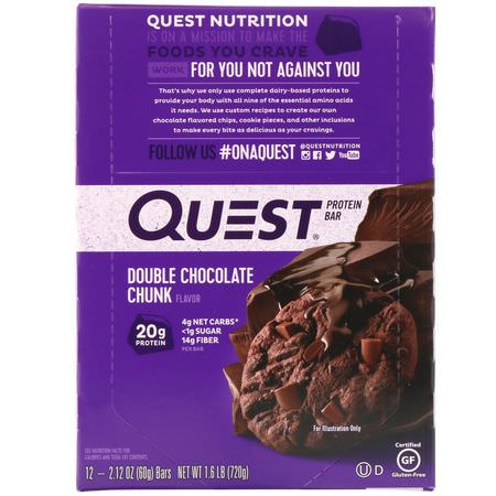 Vassleproteinstänger, Mjölkproteinbarer, Proteinstänger, Brownies: Quest Nutrition, Protein Bar, Double Chocolate Chunk, 12 Bars, 2.12 oz (60 g) Each