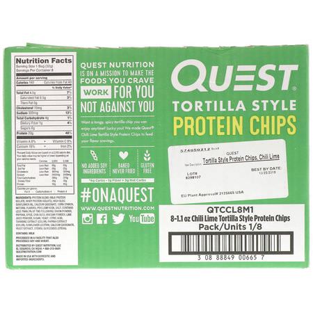 Snacks, Protein Snacks, Brownies, Cookies: Quest Nutrition, Tortilla Style Protein Chips, Chili Lime, 8 Bags, 1.1 oz (32 g) Each
