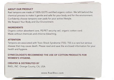 Tamponger, Feminin Hygien, Bad: Rael, 100% Organic Cotton Tampons, Regular, 18 Tampons