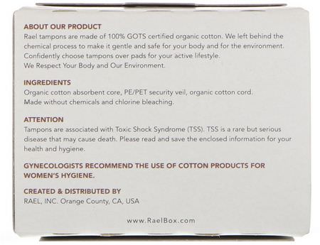 Tamponger, Feminin Hygien, Bad: Rael, 100% Organic Cotton Tampons, Super, 18 Tampons