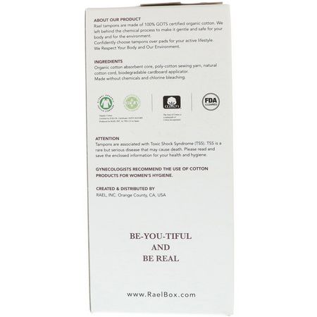 Tamponger, Feminin Hygien, Bad: Rael, 100% Organic Cotton Tampons With Biodegradable Applicator, Regular, 16 Tampons