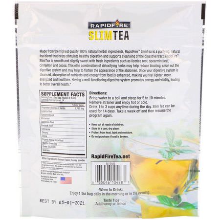Medicinska Teer, Rensa, Detox, Kosttillskott: RAPIDFIRE, SlimTea, 14 Day Herbal Teatox, Matcha Tea, Real Lemon Flavor, 14 Tea Bags