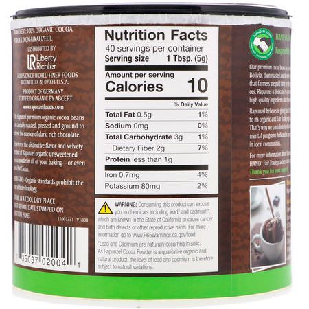 Bakschoklad, Blandningar, Mjöl, Bakning: Rapunzel, Organic Cocoa Powder, 7.1 oz (201 g)