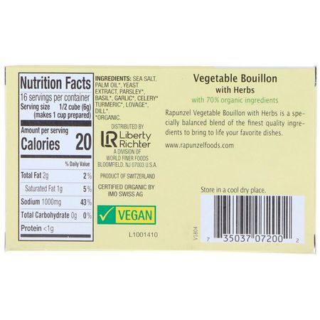 Bouillon, Buljonger, Buljong, Soppa: Rapunzel, Vegan Vegetable Bouillon with Herbs, 8 Cubes 3.1 oz (88 g)