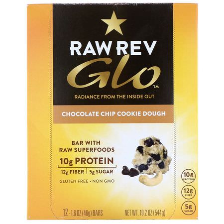 Näringsstänger, Växtbaserade Proteinstänger, Proteinbbar, Brownies: Raw Rev, Glo, Chocolate Chip Cookie Dough, 12 Bars, 1.6 oz (46 g) Each