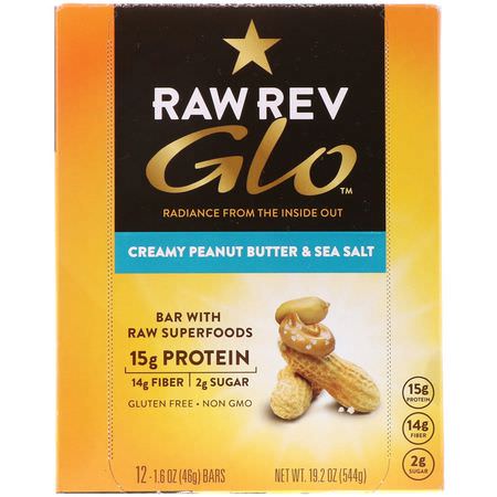 Näringsstänger, Växtbaserade Proteinstänger, Proteinbbar, Brownies: Raw Rev, Glo, Creamy Peanut Butter & Sea Salt, 12 Bars, 1.6 oz (46 g) Each