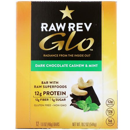 Näringsstänger, Växtbaserade Proteinstänger, Proteinbbar, Brownies: Raw Rev, Glo, Dark Chocolate Cashew & Mint, 12 Bars, 1.6 oz (46 g) Each