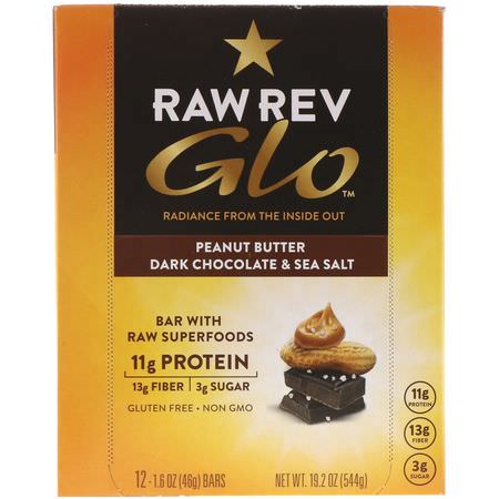 Näringsstänger, Växtbaserade Proteinstänger, Proteinbbar, Brownies: Raw Rev, Glo, Peanut Butter Dark Chocolate & Sea Salt, 12 Bars, 1.6 oz (46 g) Each
