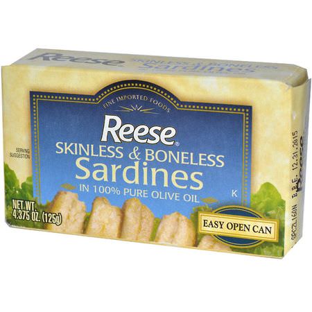 Sardiner, Skaldjur: Reese, Skinless & Boneless Sardines in 100% Pure Olive Oil, 4.375 oz (125 g)