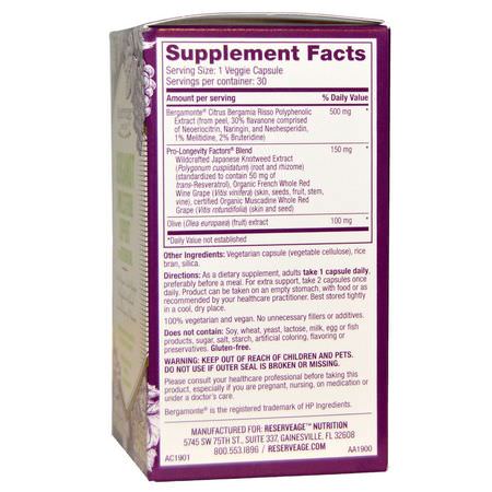 Resveratrol, Antioxidanter, Kosttillskott: ReserveAge Nutrition, Bergamot Cholesterol Support with Resveratrol, 30 Veggie Caps