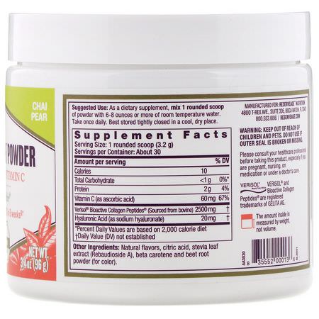 Kollagentillskott, Fog, Ben, Kosttillskott: ReserveAge Nutrition, Collagen Replenish Powder, Chai Pear, 3.4 oz (96 g)