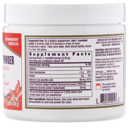 Kollagentillskott, Fog, Ben, Kosttillskott: ReserveAge Nutrition, Collagen Replenish Powder, Strawberry Hibiscus, 3.56 oz (101 g)