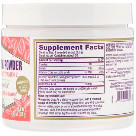 Kollagentillskott, Fog, Ben, Kosttillskott: ReserveAge Nutrition, Collagen Replenish Powder with Hyaluronic Acid & Vitamin C, 2.75 oz (78 g)