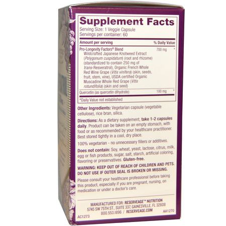 Resveratrol, Antioxidanter, Kosttillskott: ReserveAge Nutrition, Resveratrol, Cellular Age-Defying Formula, 250 mg, 60 Veggie Caps
