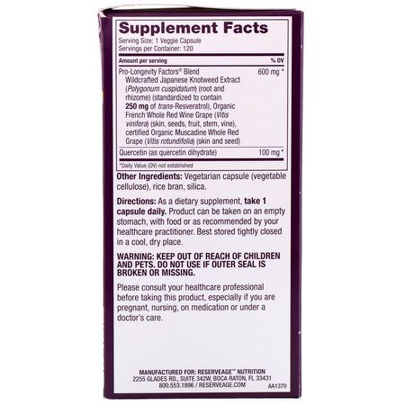 Resveratrol, Antioxidanter, Kosttillskott: ReserveAge Nutrition, Resveratrol, With Active Trans-Resveratrol, 250 mg, 120 Veggie Capsules